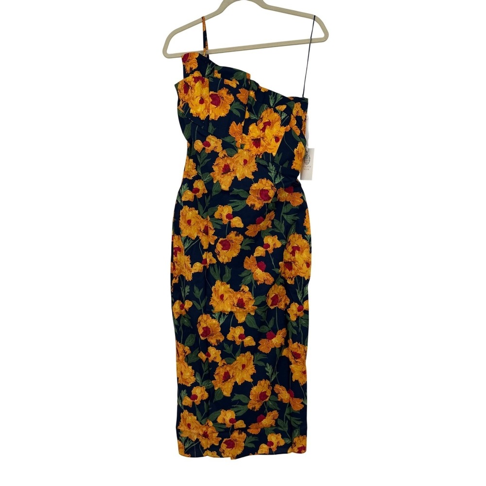 Hyacinth House Margot Dress Medium Navy Marigold Floral Ruffle One Shoulder Maxi
